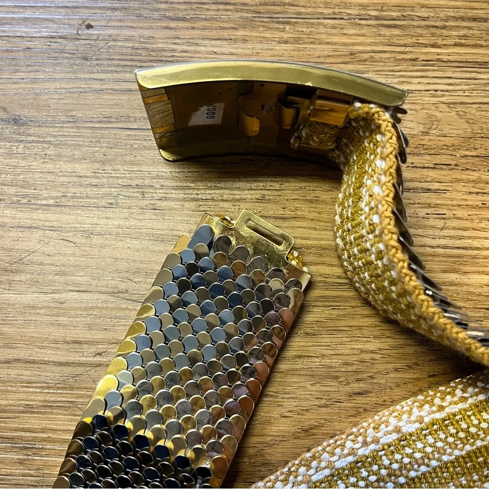 Vintage 70s Gold Silver Mixed Metal Mermaid Retro Rare Stretch Belt Chrome L/XL